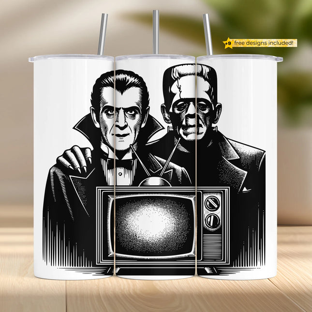 Black and white tumbler wrap PNG featuring Dracula and Frankenstein with vintage TV for sublimation.