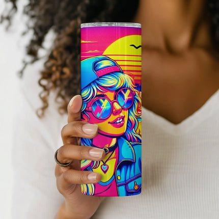 Retro wave PNG wrap showing 80s-inspired girl, bright shoreline, and city sunset for tumbler sublimation.