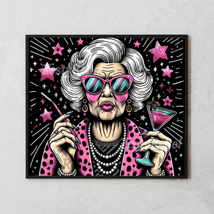 Mockup of a 20oz tumbler showing a seamless sassy grandma design with neon stars and a cocktail – great for sublimation and DIY.