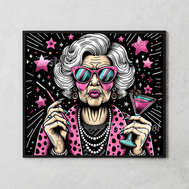 Mockup of a 20oz tumbler showing a seamless sassy grandma design with neon stars and a cocktail – great for sublimation and DIY.