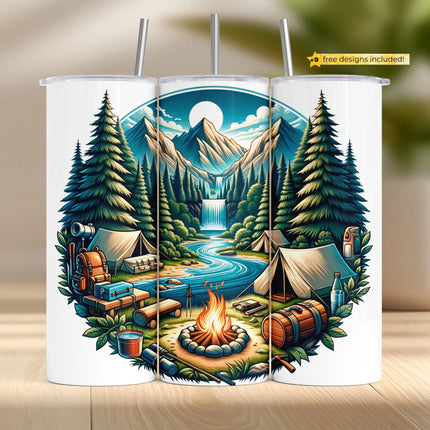 Buy river camping tumbler png for sublimation – scenic wilderness wrap with fire, tents, and waterfall