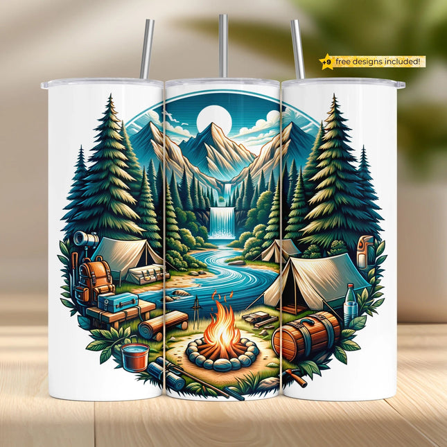 Buy river camping tumbler png for sublimation – scenic wilderness wrap with fire, tents, and waterfall