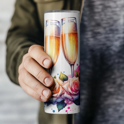 Floral champagne tumbler wrap for 20oz tumblers – soft watercolor accents and celebration theme for crafting.