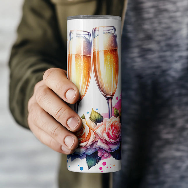 Floral champagne tumbler wrap for 20oz tumblers – soft watercolor accents and celebration theme for crafting.