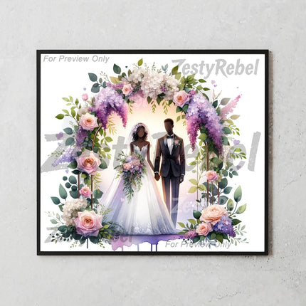 20oz sublimation wrap featuring wedding couple in formalwear under blooming watercolor floral arch.