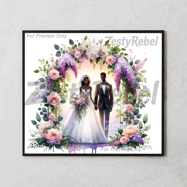 20oz sublimation wrap featuring wedding couple in formalwear under blooming watercolor floral arch.