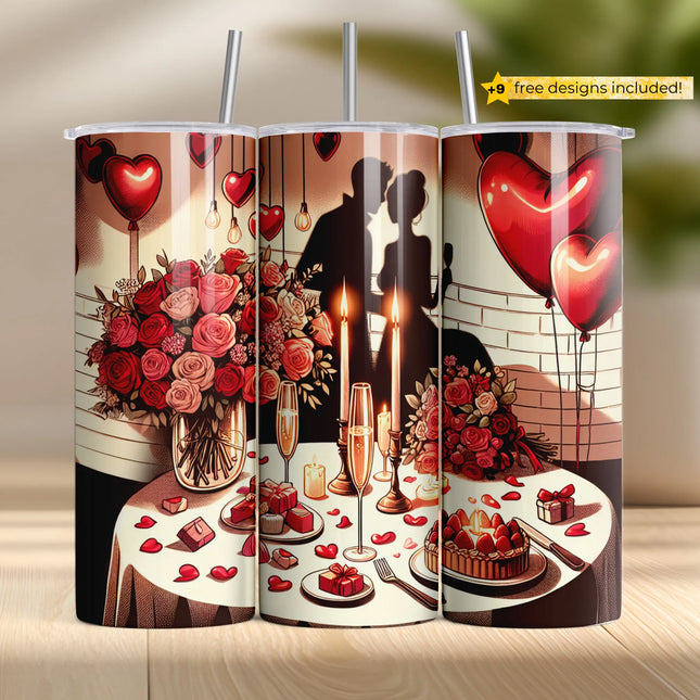 Buy tumbler png with romantic Valentine dinner design – perfect for love-themed sublimation projects