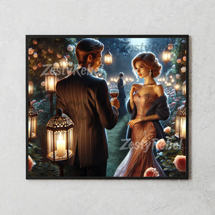 High-resolution wrap with formal couple, soft floral lighting, and garden ambiance for crafting.