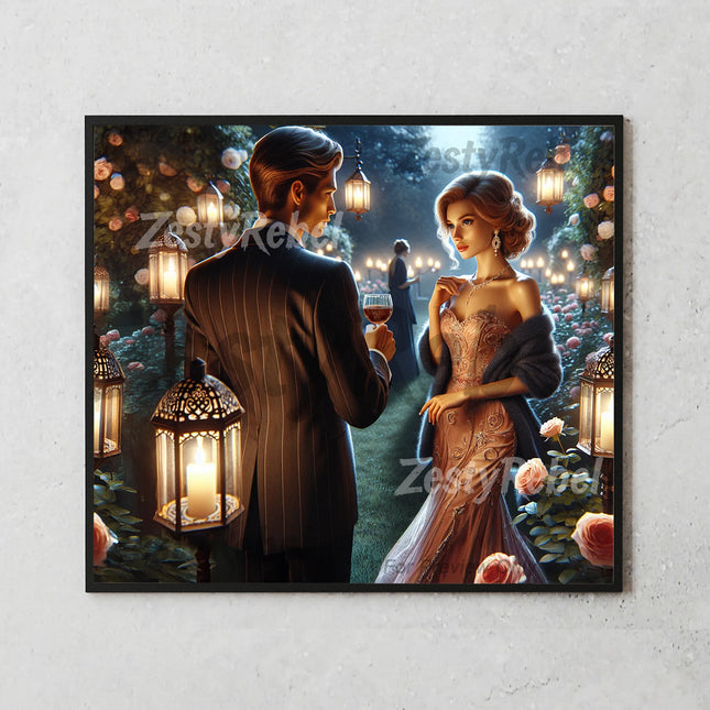 High-resolution wrap with formal couple, soft floral lighting, and garden ambiance for crafting.