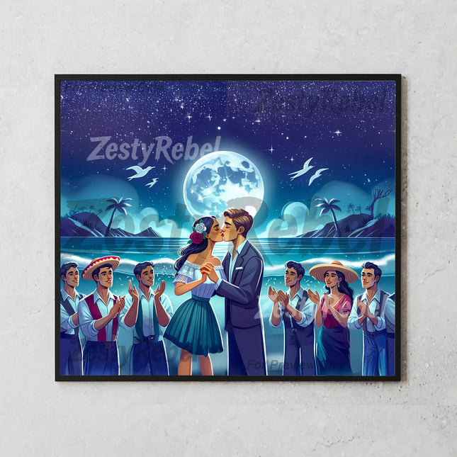 20oz digital wrap with bride and groom under a full moon, surrounded by tropical coast and cultural wedding guests.