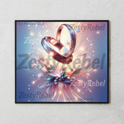 High-resolution PNG wrap for sublimation featuring luminous wedding rings and feathered florals.