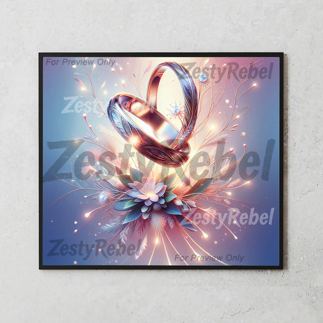 High-resolution PNG wrap for sublimation featuring luminous wedding rings and feathered florals.