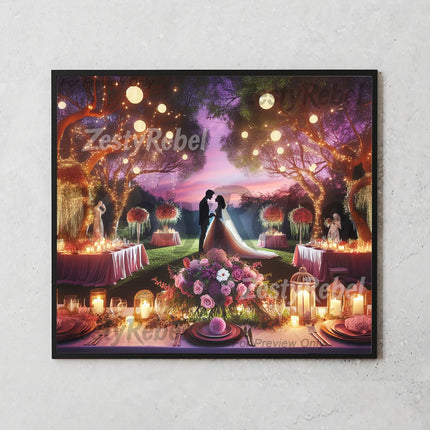 20oz tumbler wrap featuring a romantic wedding reception with glowing lanterns and a purple twilight sky.