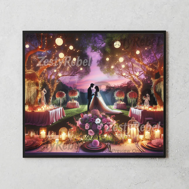 20oz tumbler wrap featuring a romantic wedding reception with glowing lanterns and a purple twilight sky.