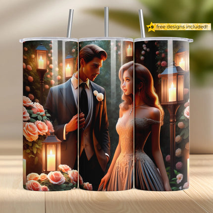 Elegant sublimation tumbler wrap featuring bride and groom in rose garden with soft candlelight.