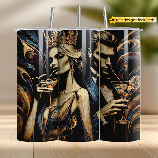 Luxurious sublimation wrap PNG featuring crowned couple sipping cocktails with gold art deco flourishes.