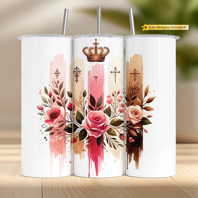 Elegant tumbler wrap with pink roses, a golden crown, and watercolor brush accents for sublimation.