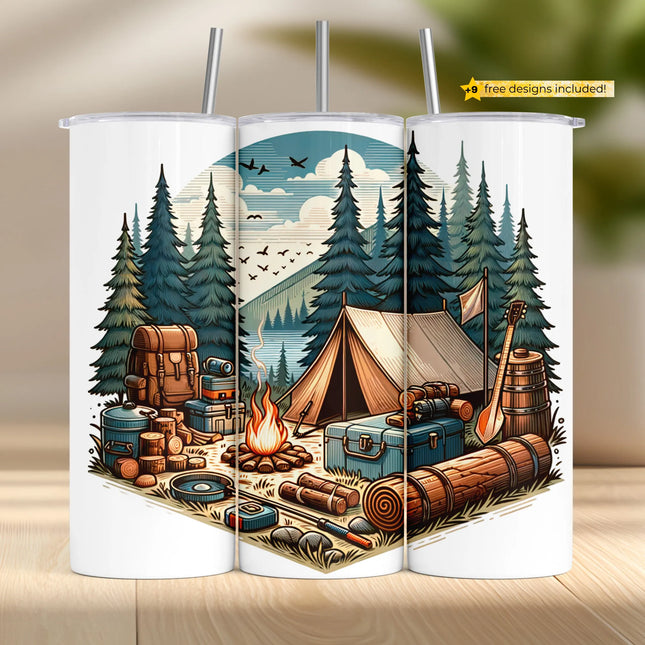 Buy rustic camping gear tumbler png for sublimation – campfire tent and tools wrap digital download
