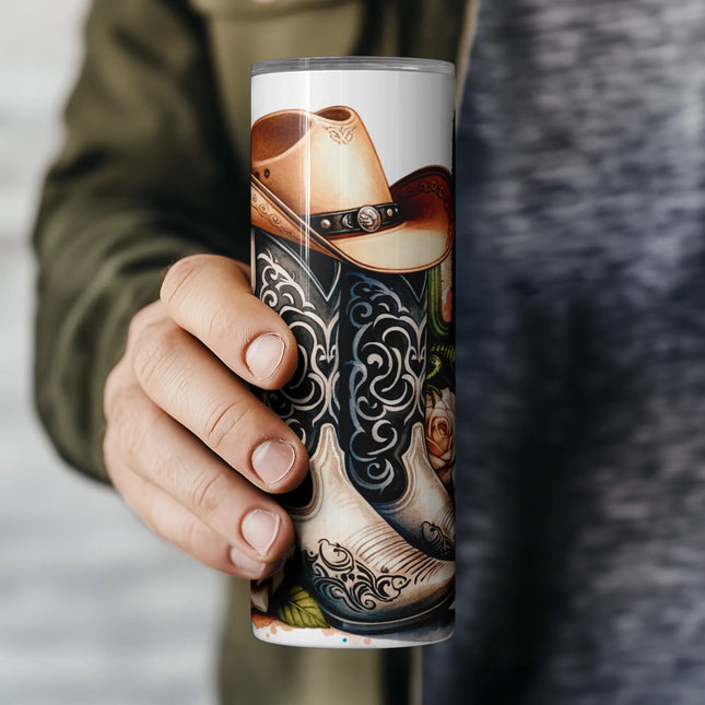 Rustic desert-themed tumbler wrap with detailed boots and blooming roses – 300 DPI PNG for sublimation printing.
