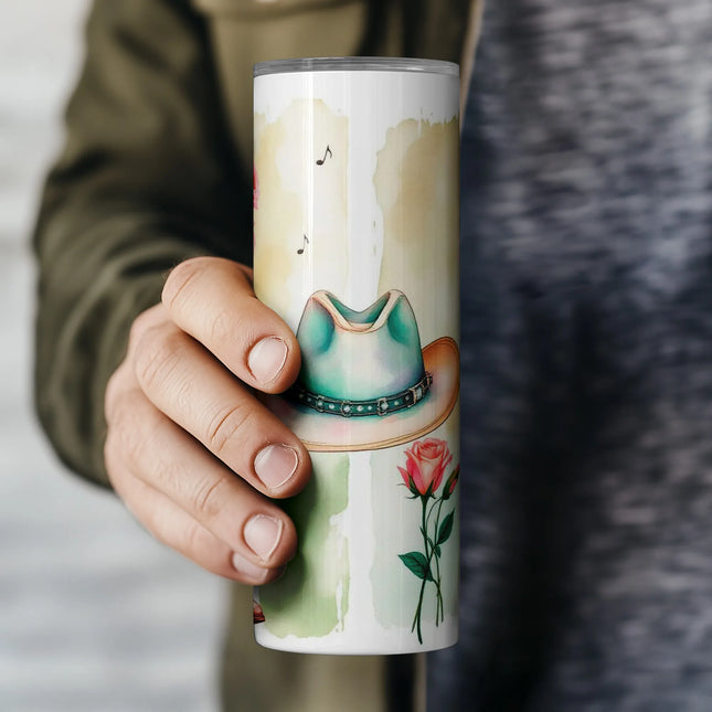 Country-style cowhide digital tumbler wrap design perfect for sublimation printing on 20oz skinny tumblers.
