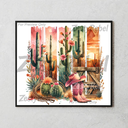 20oz tumbler wrap with watercolor cowboy hat, wood fence, and wildflowers for sublimation crafters.