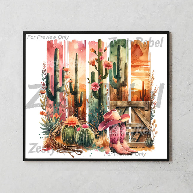 20oz tumbler wrap with watercolor cowboy hat, wood fence, and wildflowers for sublimation crafters.