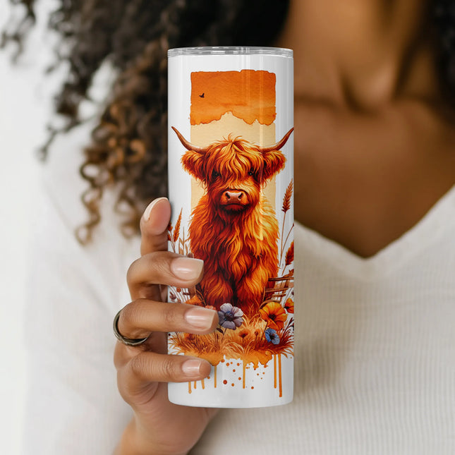 rustic fall farm Highland cow sublimation tumbler wrap, watercolor design perfect for crafting and gifting