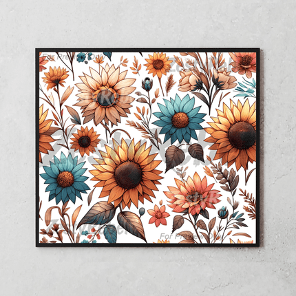 Hand-drawn sunflower tumbler wrap in fall-inspired colors, created for 20oz skinny sublimation tumblers.