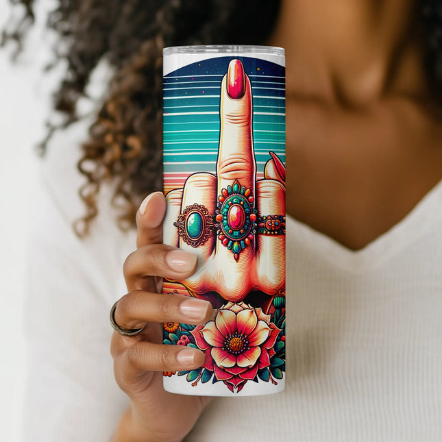 Feminine yet fierce tumbler sublimation file with hand gesture and jewelry – attitude-filled design for bold print-on-demand creations.