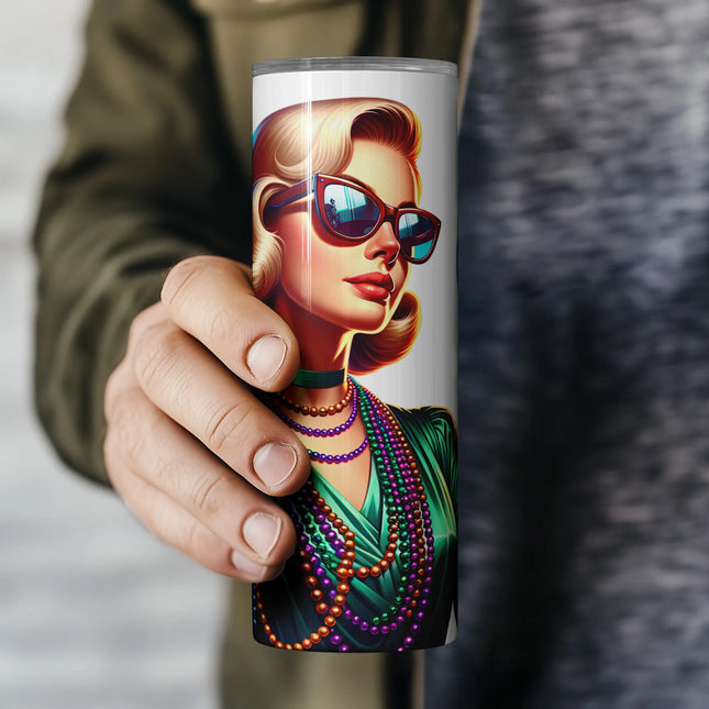 DIY sublimation PNG with vintage Hollywood flair, Mardi Gras beads, and wine glass.