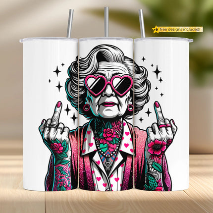 Tattooed grandmother tumbler wrap design with middle fingers and heart sunglasses