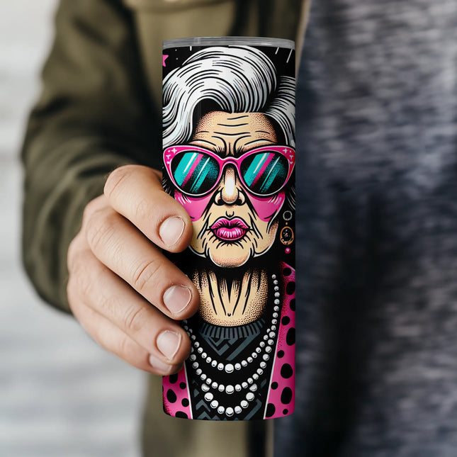 Flat PNG preview of retro sassy grandma tumbler wrap, ideal for DIY sublimation projects and print on demand listings.