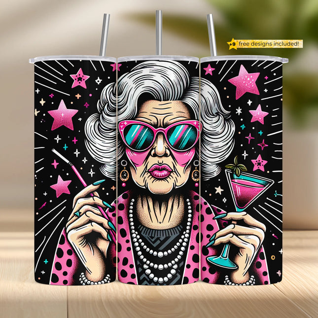 Funny tumbler sublimation wrap PNG featuring a glamorous retro grandma with pearls, cocktail, and pink glasses – digital download for crafts and POD.