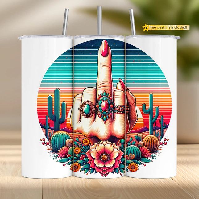 Sublimation tumbler wrap PNG with colorful desert sunset and middle finger design – bold DIY print file for crafters and gift shops.