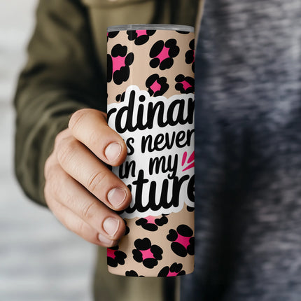 Flat PNG file layout of leopard print tumbler wrap with “never ordinary” message for sublimation.