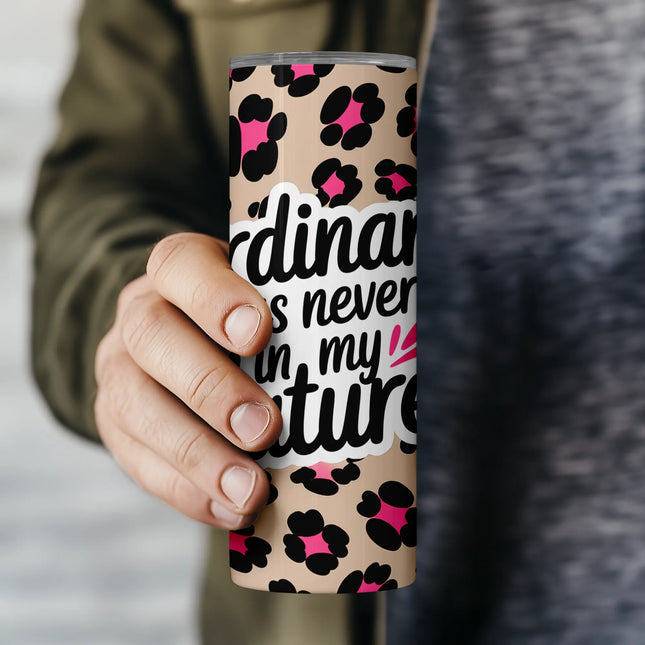 Flat PNG file layout of leopard print tumbler wrap with “never ordinary” message for sublimation.