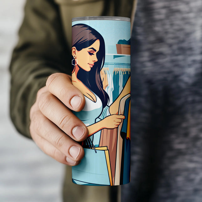 Fashion-inspired PNG wrap with colorful clothing and bags, designed for trendy tumbler crafts and POD.
