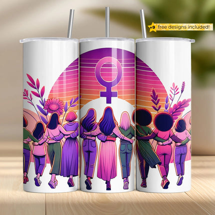 Feminist tumbler wrap featuring diverse women linked arm-in-arm under a pink sunset with Venus symbol and flowers.