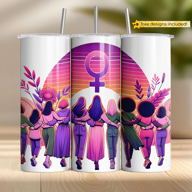 Feminist tumbler wrap featuring diverse women linked arm-in-arm under a pink sunset with Venus symbol and flowers.