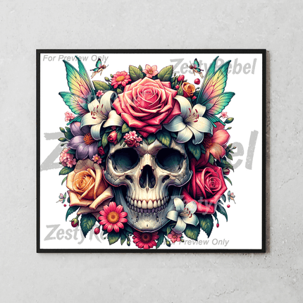 Mockup of a 20oz skinny tumbler wrap showing floral skull artwork – sublimation-ready PNG for DIY tumbler designs.