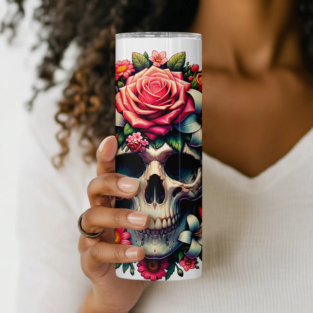 Close-up of skull with roses, lilies, and vibrant butterflies on high-resolution PNG tumbler wrap – great for sublimation printing.