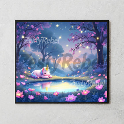 Sleepy magical unicorn surrounded by pink flowers and twilight glow – tumbler wrap PNG for DIY.