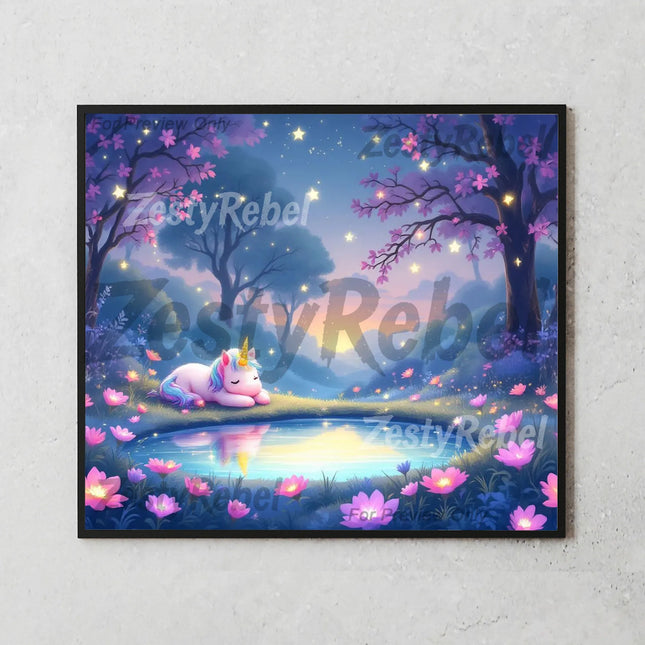 Sleepy magical unicorn surrounded by pink flowers and twilight glow – tumbler wrap PNG for DIY.