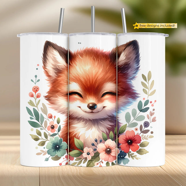 Tumbler wrap featuring a happy woodland fox surrounded by soft watercolor flowers