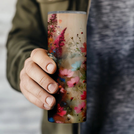 Floral tumbler PNG with hand-painted effect and whimsical botanical palette