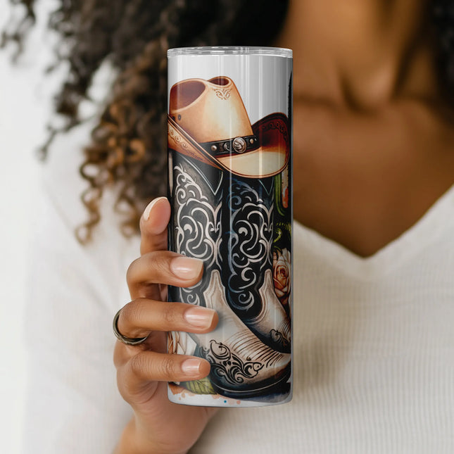 Southwestern-style cowgirl tumbler wrap design featuring lizard, cactus, hat, and roses – digital PNG for POD and gifts.