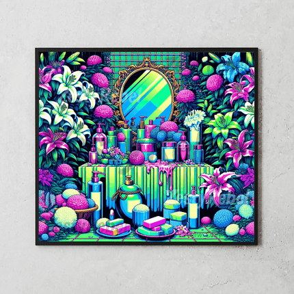 20oz sublimation wrap with radiant neon bottles and mirror surrounded by vibrant botanical elements.