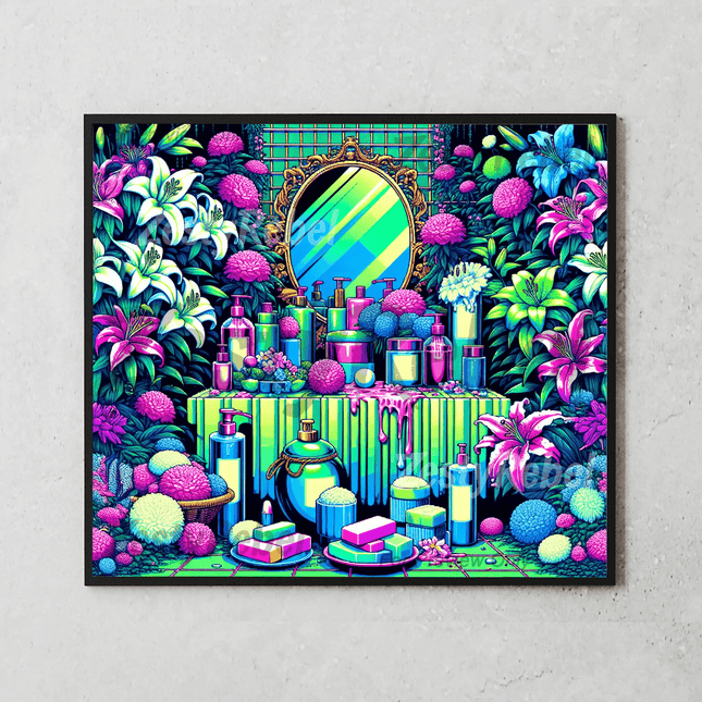 20oz sublimation wrap with radiant neon bottles and mirror surrounded by vibrant botanical elements.
