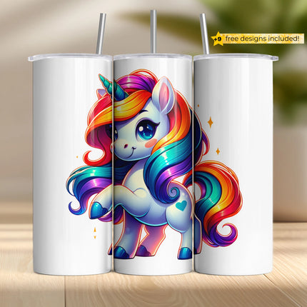 Colorful unicorn with rainbow hair and glitter eyes, perfect for tumbler sublimation wrap.