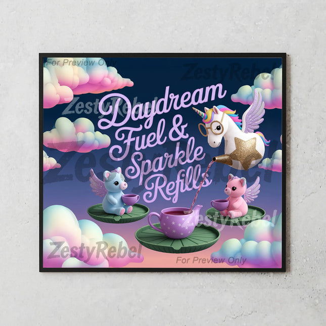 Fantasy tumbler wrap with glitter text, rainbow unicorn, and magical tea party scene.